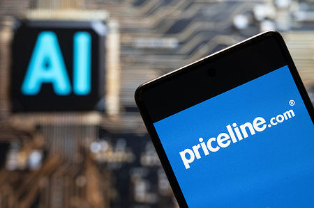 In this photo illustration, the American discount rates for travel related purchases website Priceline.com logo seen displayed on a smartphone with an Artificial intelligence (AI) chip and symbol in the background.