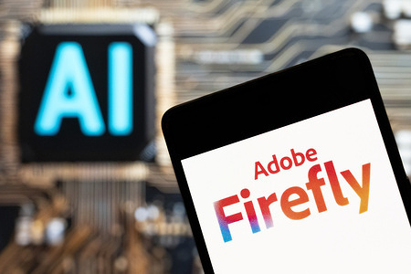 In this photo illustration, the Adobe Firefly logo seen displayed on a smartphone with an Artificial intelligence (AI) chip and symbol in the background.