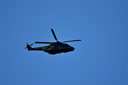 An NH90 Caïman ECA helicopter is seen in the airspace in Marseille.