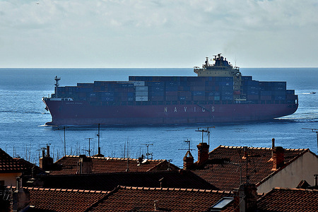 The container ship Navios Spring arrives at the French Mediterranean port of Marseille.