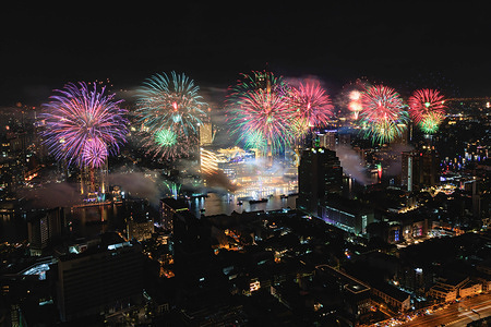 Fireworks seen above Chao Phraya river during the new year celebration in Bangkok.