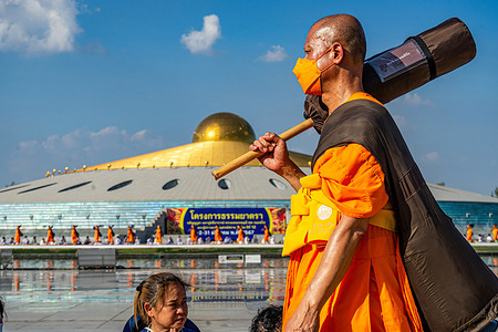 A monk seen during the 2024 Dhammayatra pilgrimage. The 2024 Dhammayatra pilgrimage took place on 2 January 2024 at Wat Dhammakaya. This pilgrimage pays homage to the Great Master Sodh Cantasaro, credited as the creator of the Dhammakaya meditation technique, which has gained a following worldwide.
