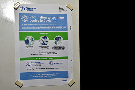 In this photo illustration, an information leaflet of the Covid-19 vaccination campaign is seen displayed on an information board. Due to the rise in the number of Covid-19 cases from the end of summer, a vaccination campaign against Covid was opened on October 2, 2023 by Health Insurance in France.
