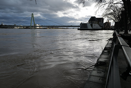 View of river Rhine as water levels rose due to heavy rains in recent days. River Rhine reached its highest water levels in the city Centre.