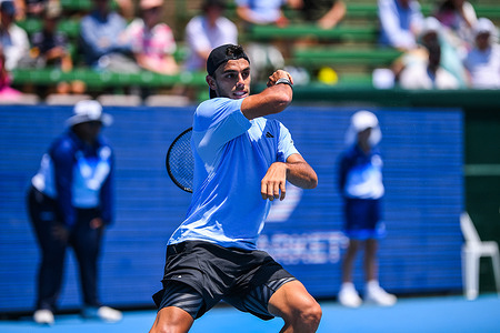 Francisco Cerundolo of Argentina plays against Dominic Thiem (not pictured) of Austria during the second match of Day 1 of the Care Wellness Kooyong Classic Tennis Tournament at Kooyong Lawn Tennis Club. Thiem won against Cerundolo with the final scores of 6:3, 6:3.