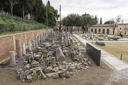 General view of the Celio archaeological garden with carved marble blocks from Ancient Rome are lined up during the new opening of Archaeological Park of Celio and ‘Forma Urbis Museum'.