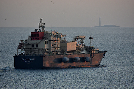 The bunkering tanker Gas Vitality leaves the French Mediterranean port of Marseille.