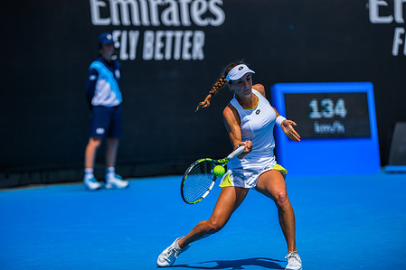 Lucia Bronzetti of Italy plays against Lesia Tsurenko of Ukraine during Round 1 match of the Australian Open Tennis Tournament at Melbourne Park. Lesia Tsurenko defeated Lucia Bronzetti with a score 3:6, 7:5, 6:3.