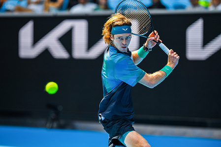 Andrey Rublev of Russia plays against Thiago Seyboth Wild of Brazil (not in picture) during Round 1 match of the Australian Open Tennis Tournament at Melbourne Park. Final score; Thiago Seyboth Wild 2:3 Andrey Rublev.
