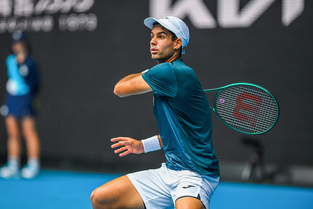 Facundo Diaz Acosta of Argentina plays against Taylor Fritz of USA (not in picture) during Round 1 match of the Australian Open Tennis Tournament at Melbourne Park. Taylor Fritz wins Facundo Diaz Acosta in 5 sets with a score 4-6 6-3 3-6 6-2 6-4.