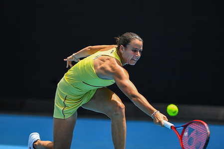Emma Navarro of USA plays against Dayana Yastremska of Ukraine (not in picture) during Round 3 match of the Australian Open Tennis Tournament at Melbourne Park. Yastremska beats Navarro in 3 sets with a score 6-2, 2-6, 6-1.