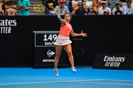 Jasmine Paolini of Italy plays against Anna Blinkova of Russia (not in picture) during Round 3 match of the Australian Open Tennis Tournament at Melbourne Park. Paolini wins Blinkova in 2 sets with a score 7-6, 6-4.