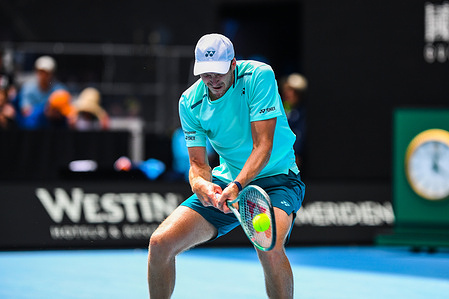 Hubert Hurkacz of Poland plays against Ugo Humbert of France ( not pictured) during Round 3 match of the Australian Open Tennis Tournament at Melbourne Park. Final score; Hurkacz Hubert 3:1 Humbert Ugo.