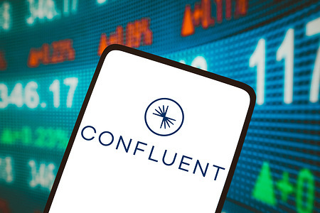 In this photo illustration, the Confluent, logo is displayed on a smartphone screen.