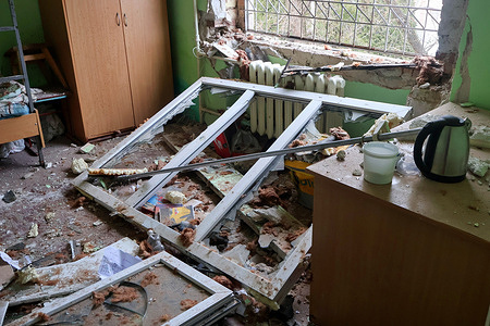 A Kyiv student dormitory room that was heavily damaged by Russian missile attacks during the Russian-Ukrainian War in Kyiv. Russian missile attack targeted the Ukrainian cities of Kyiv, Kharkiv, Pavlohrad, and Balakliia, killing at least 4 people, wounding several others, and damaging residential buildings. According to an official, nine people were injured in the capital of Kyiv, while 3 people died and 28 people were injured in the attack in Kharkiv.