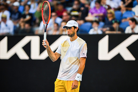 Nuno Borges of Portugal plays against Grigor Dimitrov of Bulgaria (not in picture) during Round 3 match of the Australian Open Tennis Tournament at Melbourne Park. Nuno Borges beats Grigor Dimitrov in 4 sets with a score 6-7 (7-3) 6-4 6-2 7-6 (8-6)