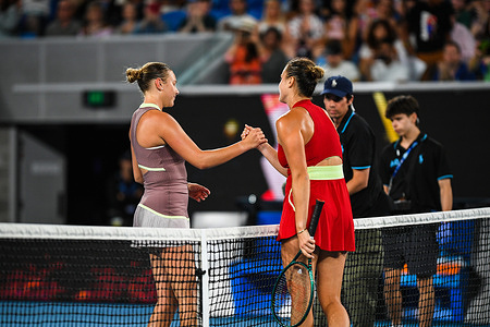 Amanda Anisimova of USA (left) with Aryna Sabalenka of Belarus (right) are seen during Round 4 match of the Australian Open Tennis Tournament at Melbourne Park. Aryna Sabalenka beats Amanda Anisimova in 2 sets with a score 6-3 6-2.