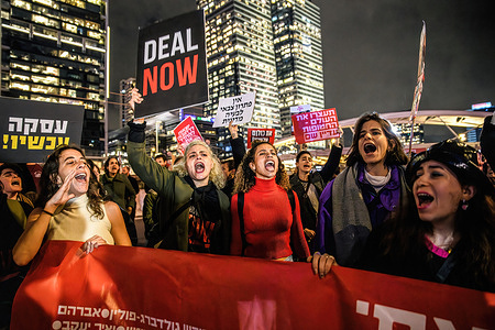 Israeli women chant slogans as they block the Ayalon highway during the demonstration. Israeli women protesters are blocking the Ayalon highway, demanding an immediate release of 136 Israeli hostages held in life-threatening conditions by Hamas in Gaza. The hostages were taken during the October 7th attack, and the protesters are also calling for a ceasefire in the Israeli-Hamas conflict.