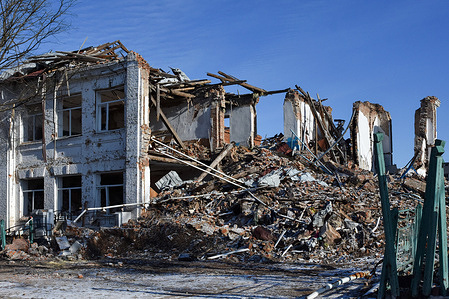 A view of the high school building in Orikhiv destroyed by multiple Russian shelling attacks from July to September 2023. Orikhiv is a small town near Zaporizhzhia, which serves as the last pillar of resistance for Ukrainian army soldiers in the south, as Russian armed forces continue to advance to the liberated Robotyne. Home to around 700 people, Orikhiv's citizens risk their lives enduring the daily air bomb and artillery attacks as they struggle to survive.