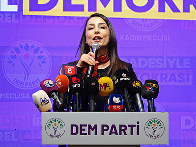 Peoples' Equality and Democracy Party (DEM Party) Co-Chair Tulay Hatimogullari speaks during the candidate presentation event at Mövenpick Diyarbakır. Peoples' Equality and Democracy Party (DEM Party) announced its co-mayor candidates for the municipal elections to be held on 31 March in Turkey at an event in Diyarbakir. Male and female co-mayoral candidates from 96 provinces and districts were present at the candidate presentation event of the DEM Party, which is supported by a large part of Kurds in Turkey. Most of the women candidates attended the ceremony wearing Kurdish national costumes.