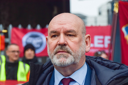 Mick Whelan, General Secretary of ASLEF (Associated Society of Locomotive Engineers and Firemen) train drivers union, joins the picket outside Waterloo Station as train drivers stage fresh strikes over pay.