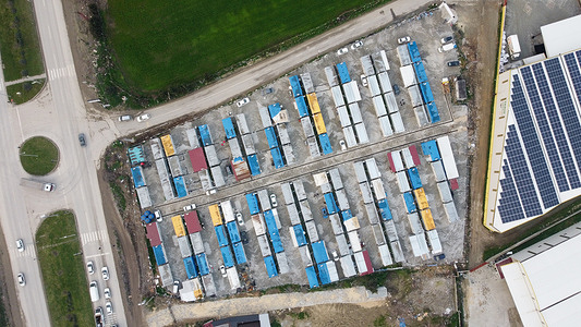 (EDITORS NOTE: Photo taken with drone) 
View of container cities where victims from the earthquake disaster settled. Turkey experienced the largest earthquake in its history on December 6, 2023, in the border region of Syria. Following the consecutive 7.4 and 7.7 earthquakes, 10 cities in the eastern region were affected. There are still ruins of collapsed buildings in the city center of Hatay, one of the most affected cities.