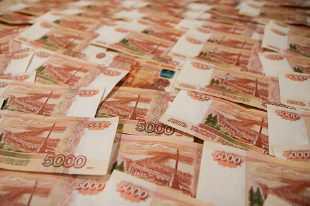 In this photo illustration, a display of five thousand Russian rubles banknotes.
