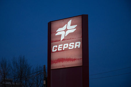 Cepsa, the Spanish multinational oil and gas company, gas station and logo seen during nighttime.