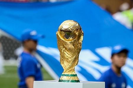 The Football World Cup trophy seen before the FIFA World Cup 2018 Final match between France and Croatia at Luzhniki Stadium. Final score: France 4:2 Croatia.