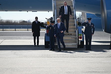 President Joe Biden exits Air Force One as he arrives at John F. Kennedy International Airport in Queens, New York. Joe Biden arrives at John F. Kennedy International Airport in Queens, New York and will visit Manhattan, New York Wednesday afternoon to attend three Biden-Harris campaign fundraisers. President Joe Biden walked down the steps of Air Force One and walked to Marine One for the helicopter ride to Manhattan from JFK Airport.