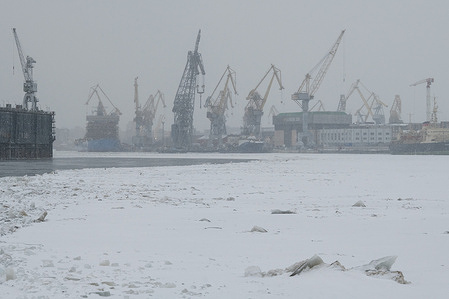 View of the Baltic Shipyard, one of the oldest shipyards in Russia on a frosty day in St. Petersburg.
