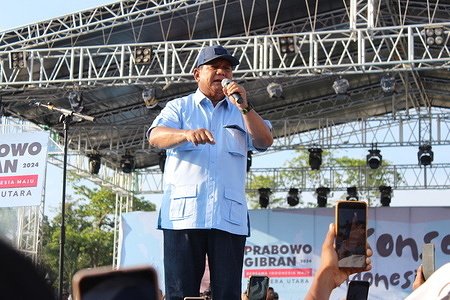 Presidential candidate, Prabowo Subianto campaigns at Baharuddin Siregar Stadium ahead of 2024 Indonesian presidential election.