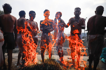 Hindu devotees warm themselves near the fire after offering prayers to the Hanuman Ghat River during the Swasthani Brata Katha festival in Bhaktapur. The month-long festival, dedicated to God Madhavnarayan and Goddess Swasthani, involves the recitation of folk tales about miraculous feats performed by them in many Hindu households.