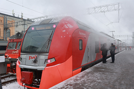 Lastochka high-speed train is seen at Finlyandsky railway station.