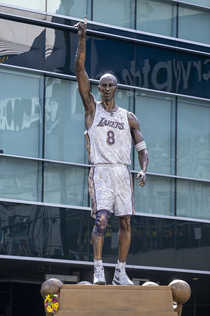 The statue of former Los Angeles Lakers guard, Kobe Bryant is seen after its unveiling ceremony outside the NBA basketball team's arena in Los Angeles.