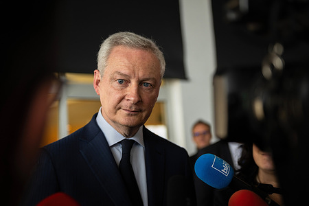 French Minister of Economy and Finance Bruno Le Maire speaks to the media during the WAICF (World Artificial Intelligence Cannes Festival 2024) in Palais des Festivals in Cannes. The World Artificial Intelligence Cannes Festival (WAICF) is scheduled to occur from February 8th to 10th, 2024, at the Palais des Festivals in Cannes. This event will unite all the major players in the field of artificial intelligence.