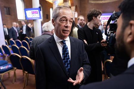 Nigel Farage is interviewed after the launch of the 'Popular Conservatism’ movement in London. PopCon, a new Conservative grouping in Britain and a fringe movement within the Conservative Party, aims to restore democratic accountability and champion popular conservative policies.
