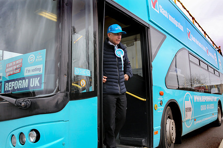 Candidate Ben Habib leaves the Reform UK campaign bus. Ben Habib campaigns for the Reform Party in the upcoming by-election in Wellingborough on Thursday 15th February. The by-election was brought about by the suspension of Conservative MP Peter Bone for breaching the code of conduct for MPs prompting a recall petition in his constituency.