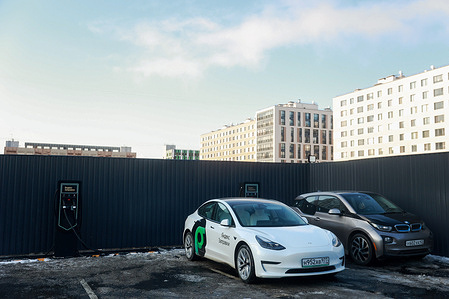 Tesla is seen at Yandex Zapravki high-speed Electric Vehicle Charging station.