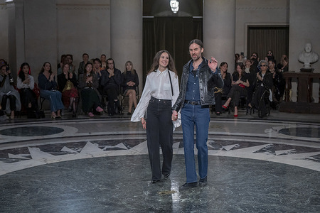 Designers Anthony Cucculelli and Anna Rose Shaheen walk the runway finale at the Cucculelli Shaheen fashion show during New York Fashion Week - February 2024: The Shows at NY Supreme Court in New York City.