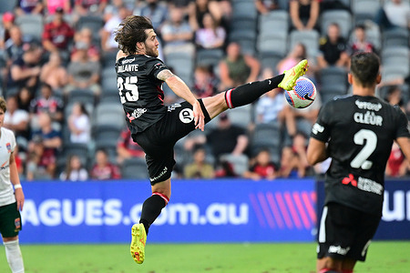 Joshua Brillante of Western Sydney Wanderers FC seen in action during the A-League 2023/24 round 16 match between Western Sydney Wanderers FC and Newcastle Jets at CommBank Stadium. Final score; Western Sydney Wanderers 3:3 Newcastle Jets.