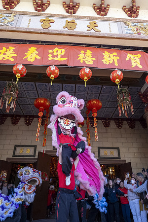 Lion dancers perform at the Thien Hau Temple on the second day of the Chinese Lunar New Year, the Year of the Dragon on the Chinese zodiac, in Los Angeles.