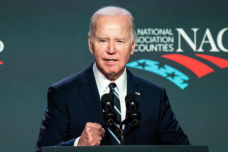 President Joe Biden speaks at the National Association of Counties Legislative Conference at the Washington Hilton in Washington, DC.