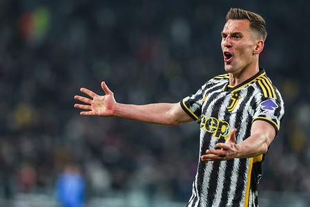 Arkadiusz Milik of Juventus FC reacts after his goal which was disallowed by VAR as the ball was judged to have gone out of play during Serie A 2023/24 football match between Juventus FC and Udinese Calcio at Allianz Stadium. Final score; Juventus 0 : 1 Udinese Calcio.