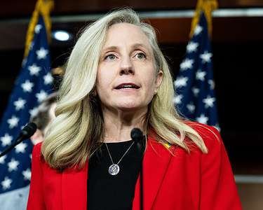 U.S. Representative Abigail Spanberger (D-VA) speaking at a press conference about the National Security Supplemental legislation at the U.S. Capitol.