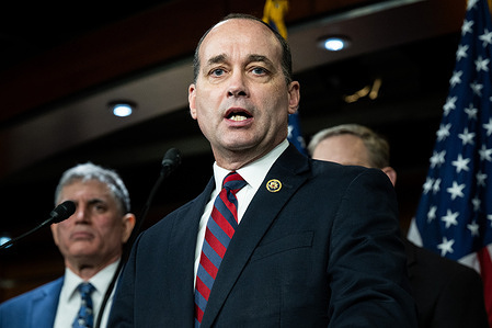 U.S. Representative Bob Good (R-VA) speaking at a House Freedom Caucus press conference about FISA (Foreign Intelligence Surveillance Act) reauthorization at the U.S. Capitol.