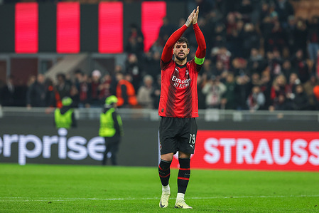 Theo Hernandez of AC Milan celebrates the victory at the end of the match during UEFA Europa League 2023/24 Play-Off - 1st leg football match between AC Milan and Rennes Stade Rennais FC at San Siro Stadium. Final scores; Milan 3 : 0 Rennes.
