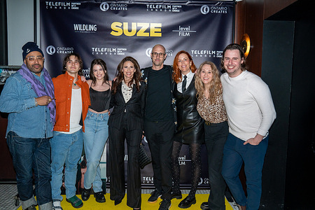 (L-R) Rainbow Sun Francks, Charlie Gillespie, Michaela Watkins, Sara Waisglass, Linsey Stewart, Dane Clark, LevelFILM’s Lainie Elton and Dan Friedland attend a special screening of feature film "Suze" at Clio in Toronto. Suze is a 2023 Canadian comedy-drama film, written and directed by Dane Clark and Linsey Stewart. The film stars Michaela Watkins as Suze, a woman whose feelings of empty nest syndrome after her daughter Brooke (Sara Waisglass) moves away to attend university lead her to become a doting mother figure to Brooke's ex-boyfriend Gage (Charlie Gillespie) even though she never liked him at all when he and Brooke were dating.