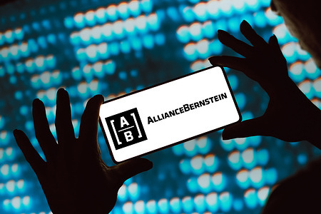 In this photo illustration, the AllianceBernstein (AB) logo is displayed on a smartphone screen.