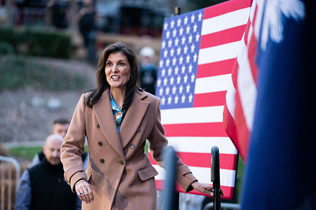 Republican presidential candidate Nikki Haley is introduced during a campaign rally in Irmo. South Carolina Republicans vote in their presidential primary on February 25.
